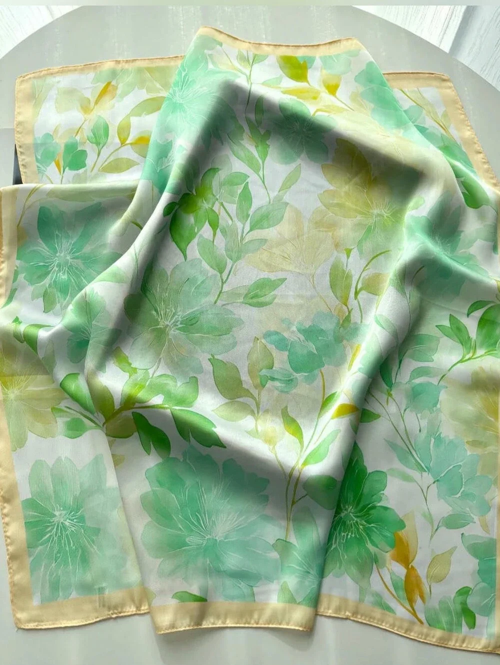 Silk-feel Green Floral Scarf - Elegant Women's  Head Scarf, Neck Scarf